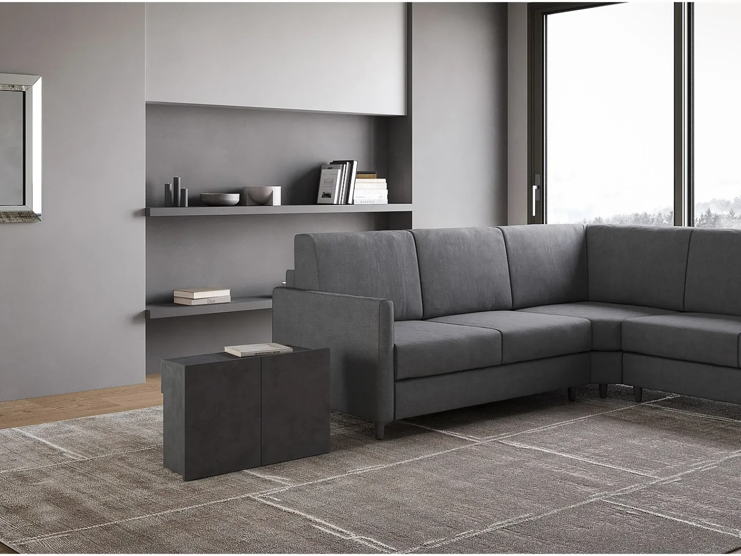 Consola|ITAMOBY Mesa consola extensível 90x42/302 cm Evolve Antracite Espatulado extensões internas com banco inferior Cinzento