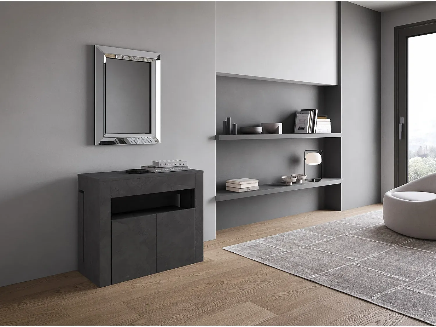 Consola|ITAMOBY Mesa consola extensível 90x42/302 cm Evolve Antracite Espatulado extensões internas com banco inferior Cinzento