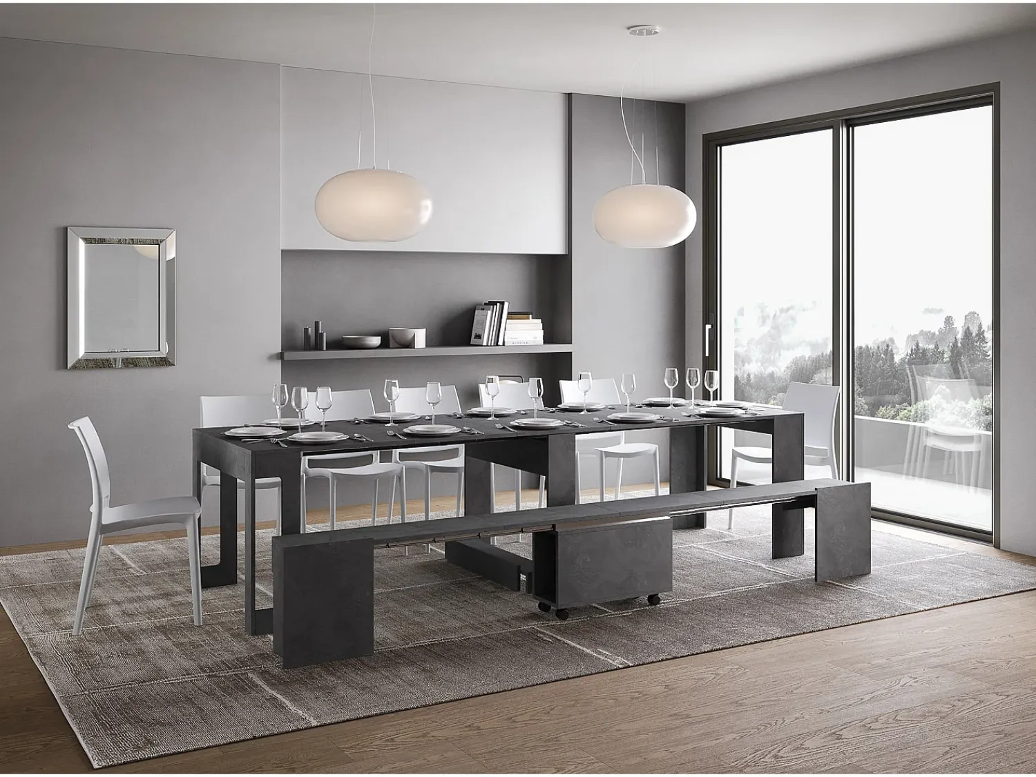 Consola|ITAMOBY Mesa consola extensível 90x42/302 cm Evolve Antracite Espatulado extensões internas com banco inferior Cinzento