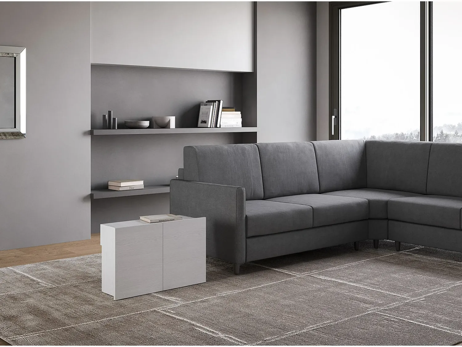 Consola*ITAMOBY Mesa consola extensível 90x42/302 cm Evolve Cinza Branca extensões internas com banco inferior Branco