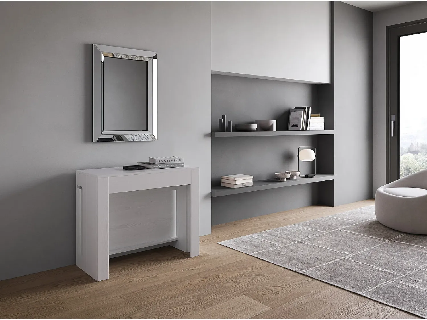 Consola*ITAMOBY Mesa consola extensível 90x42/302 cm Evolve Cinza Branca extensões internas com banco inferior Branco