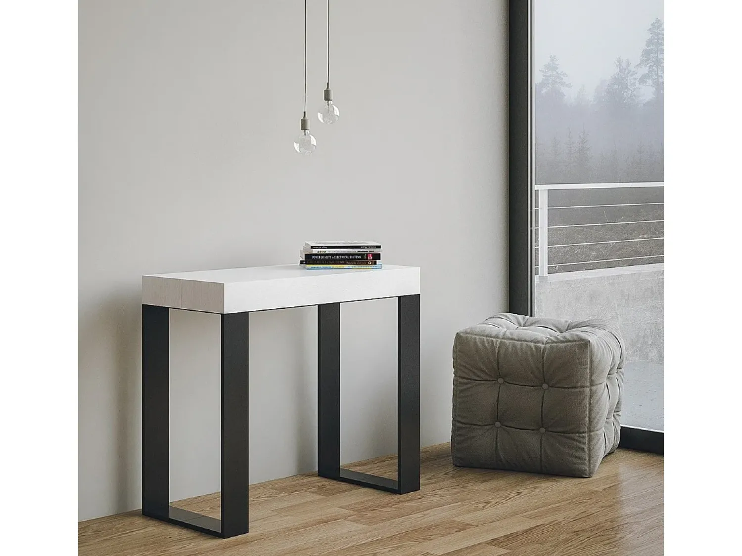ITAMOBY Mesa consola extensível 90x40/196 cm Tecno Small Premium Cinza Branca quadro Antracite^ Consola