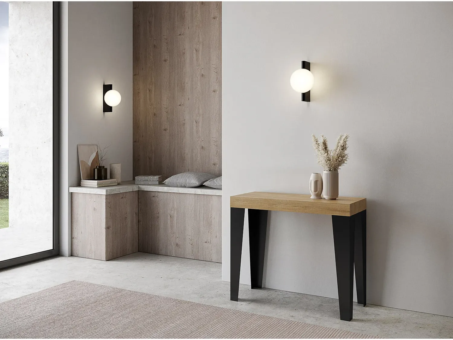 ITAMOBY Mesa consola extensível 90x40/300 cm Flame Premium Carvalho Natural quadro Antracite^ Consola