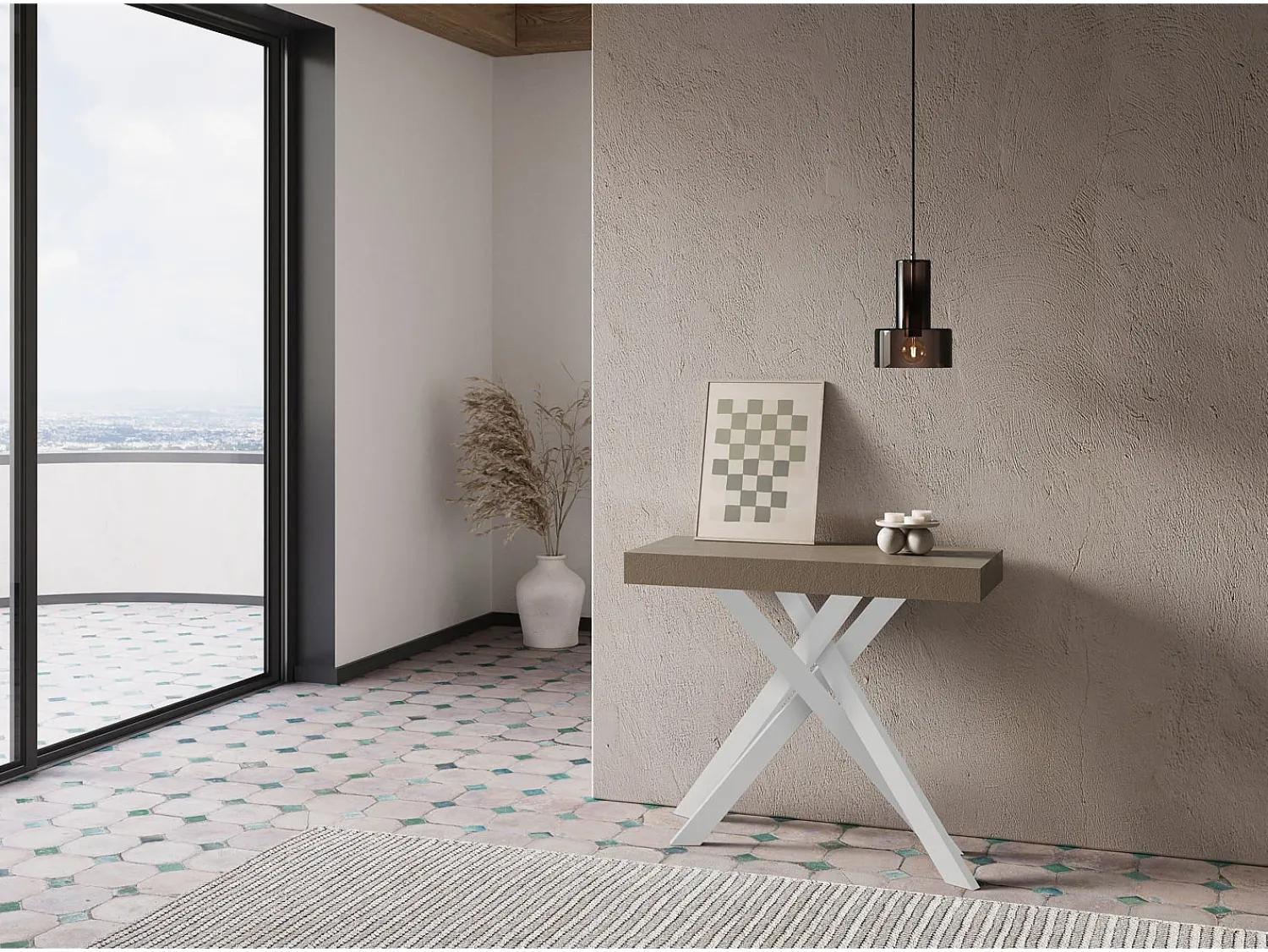 Consola*Ityhome Mesa consola extensível 90x40/196 cm Krack Small tortora pernas brancas Castanho