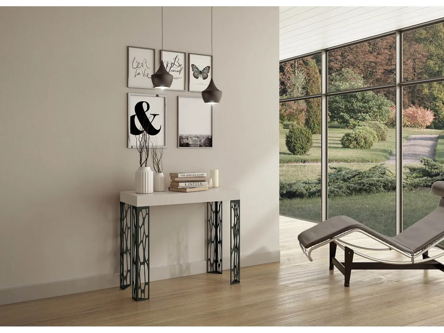 ITAMOBY Mesa consola extensível 90x40/196 cm Ghibli Small Cinza Branca quadro Antracite^ Consola