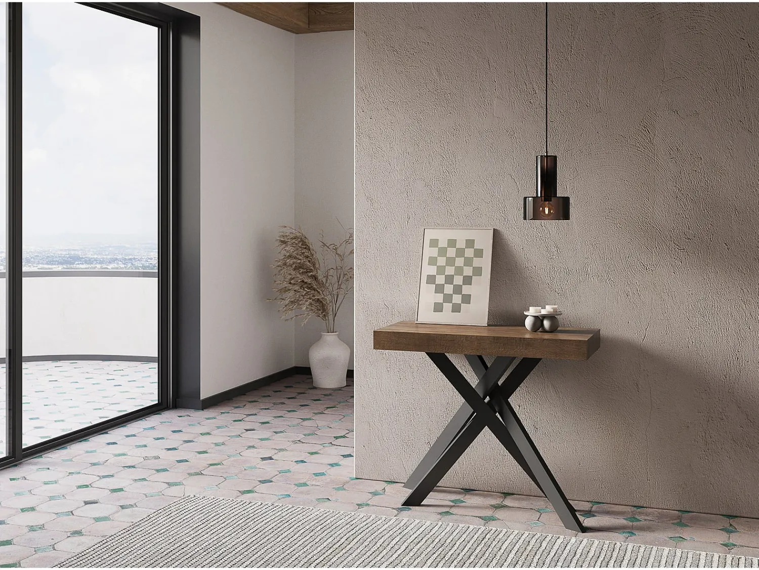 Consola|Ityhome Mesa consola extensível 90x40/300 cm Krack nogueira pernas antracite Castanho