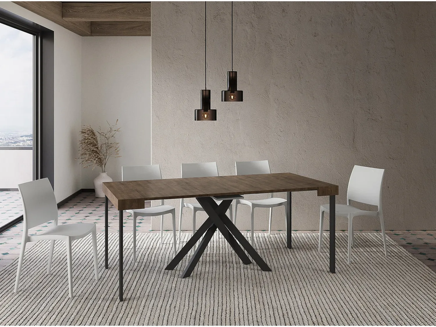 Consola|Ityhome Mesa consola extensível 90x40/300 cm Krack nogueira pernas antracite Castanho