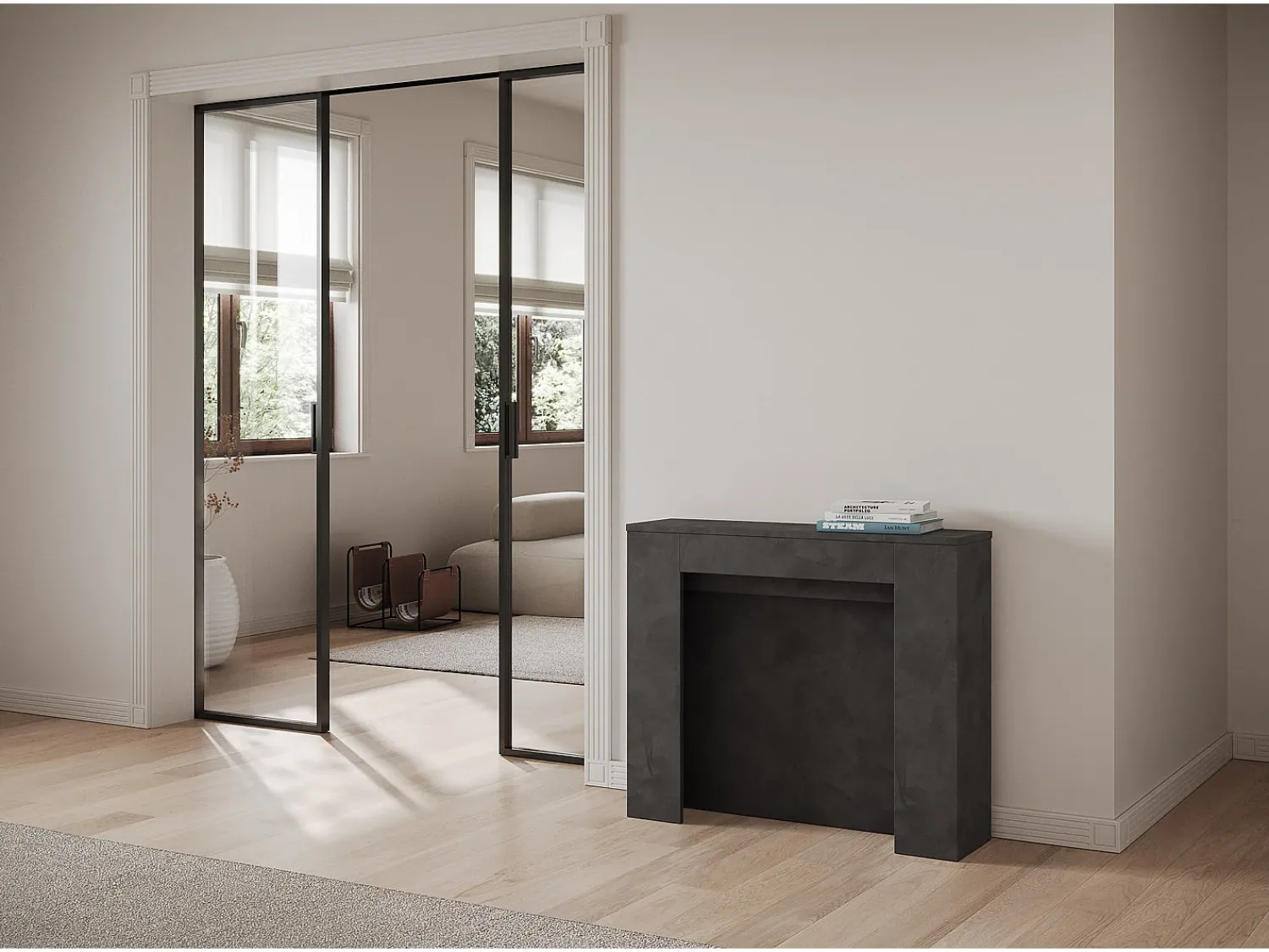 Consola*ITAMOBY Mesa consola extensível 90x25/211 cm Kiba Antracite Espatulado extensões internas Cinzento