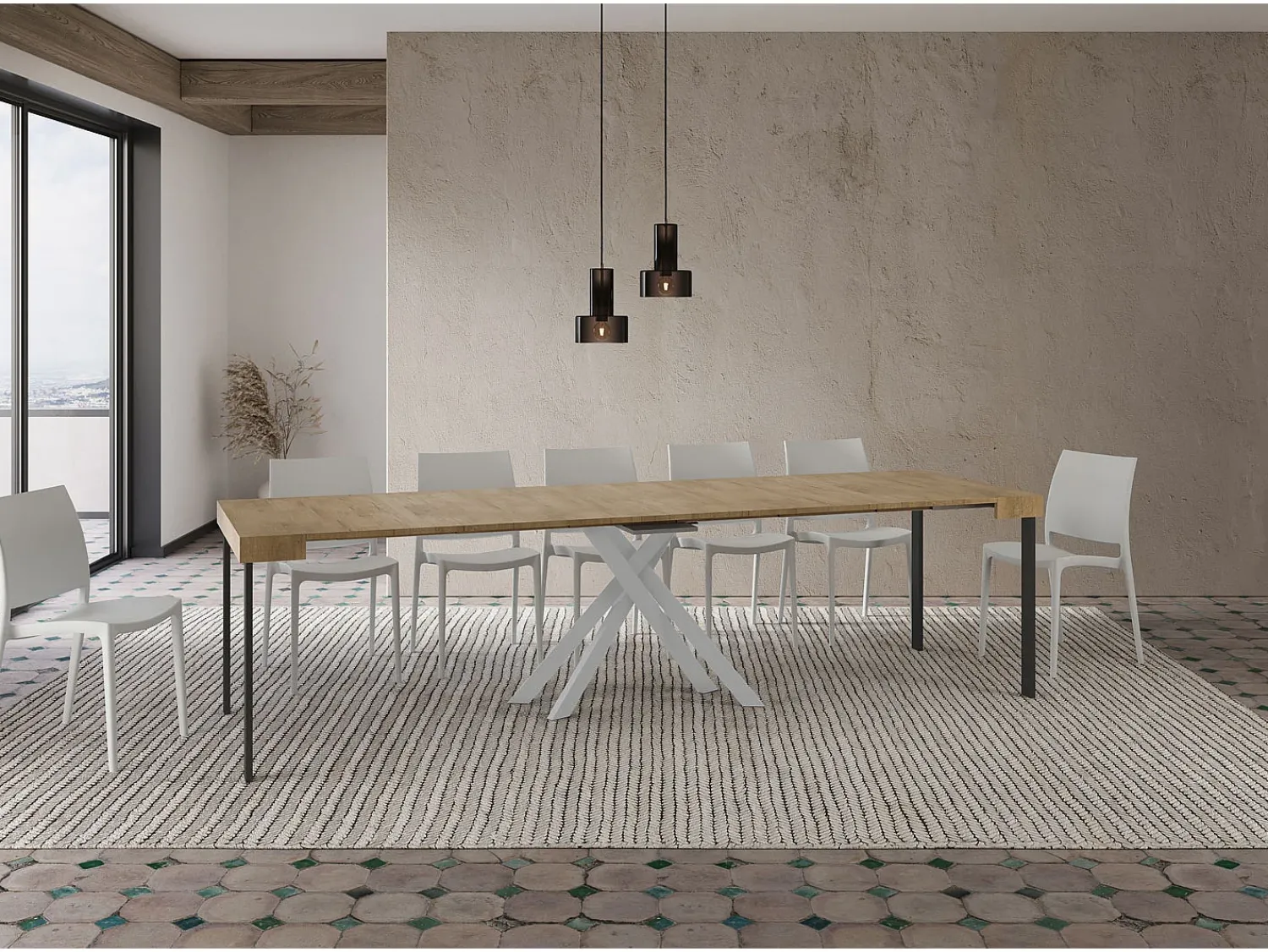 Consola|Ityhome Mesa consola extensível 90x40/300 cm Krack carvalho natural pernas brancas Castanho