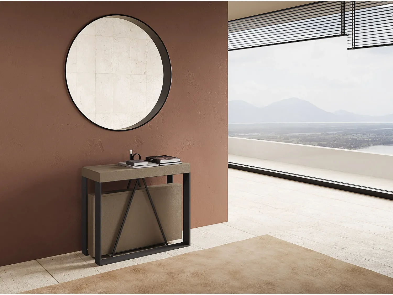 Consola*Ityhome Mesa consola extensível 90x40/300cm Sketa tortora quadro antracite Castanho