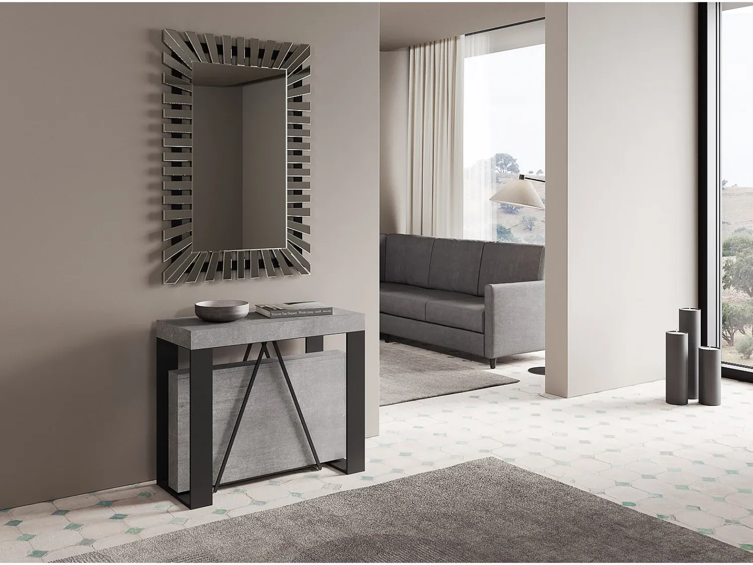 Consola*Ityhome Mesa consola extensível 90x40/300cm Zamat cimento quadro antracite Cinzento