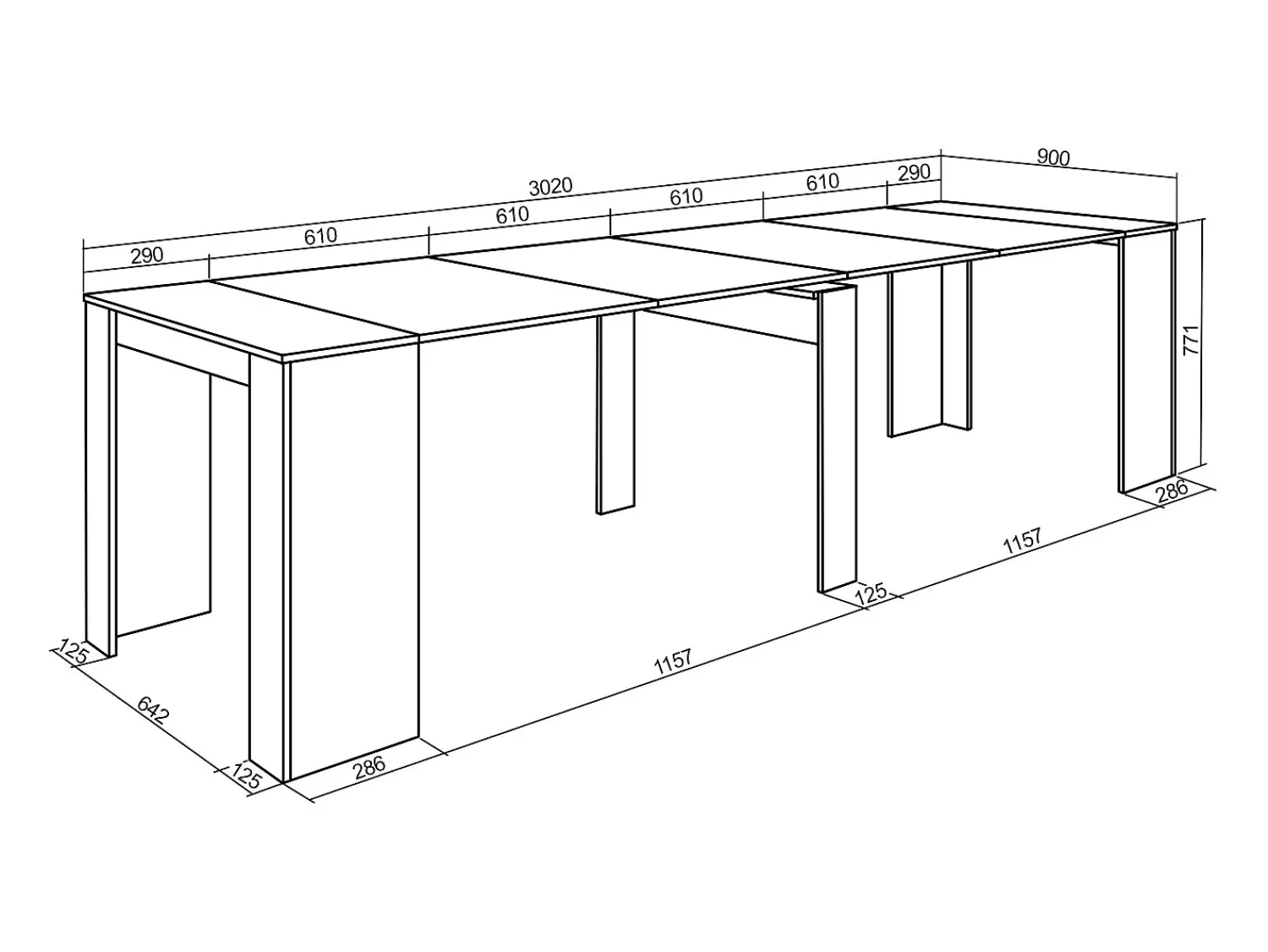 Skraut Home Mesa Consola Extensível, 302x90x77cm, Para 14 pessoas, Mesa de Jantar,^ Consola