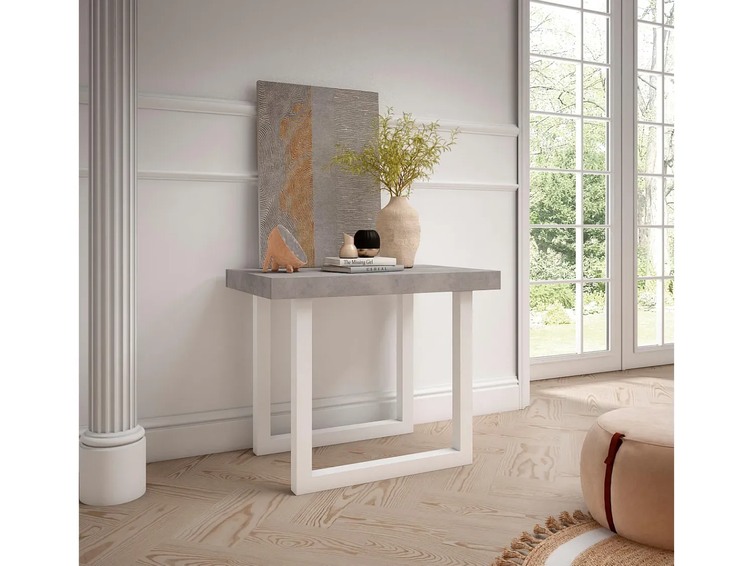 Consola|Skraut Home Mesa Consola Extensível, 262x90x73cm, Para 12 pessoas, Pés de madeira, e cinzento Branco