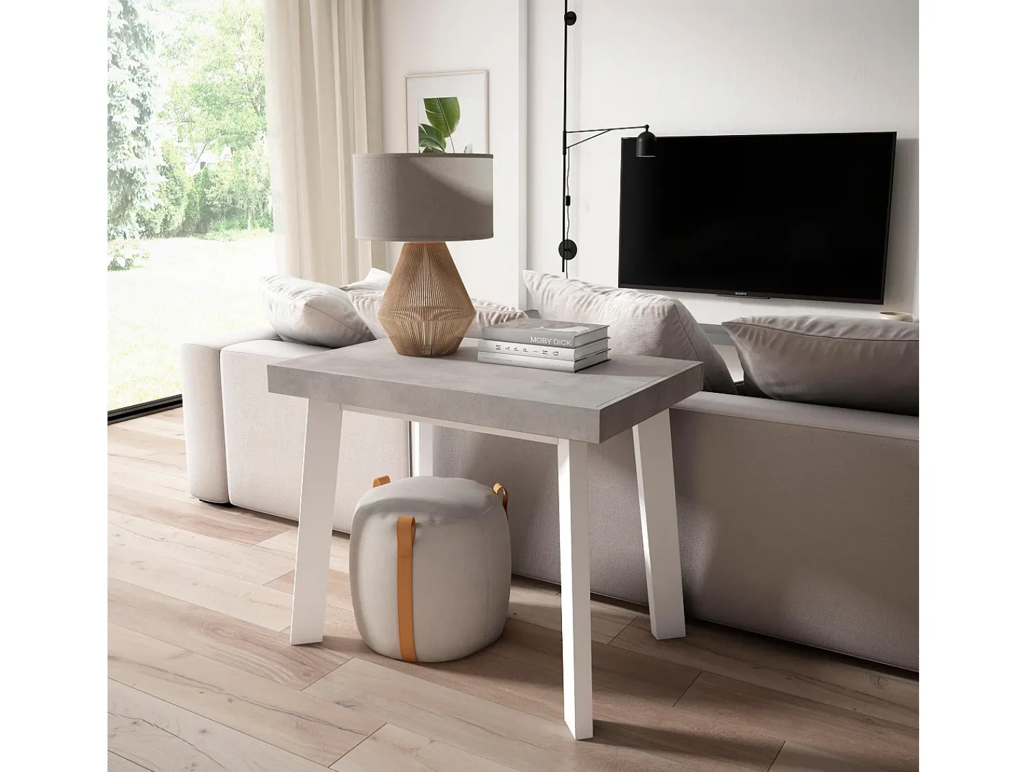 Consola*Skraut Home Mesa Consola Extensível, 140x90x73cm, Para 6 pessoas, Pés de madeira, Cimento Cinzento
