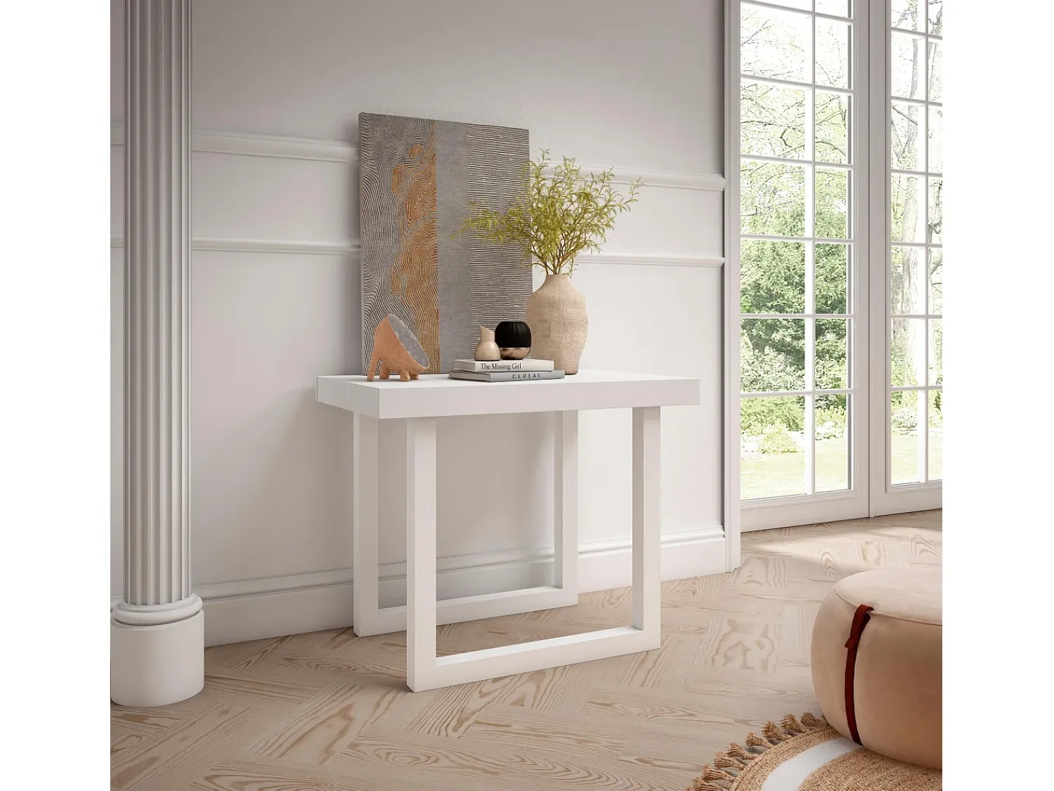 Consola*Skraut Home Mesa Consola Extensível, 262x90x73cm, Para 12 pessoas, Pés de madeira, e cinzento Branco