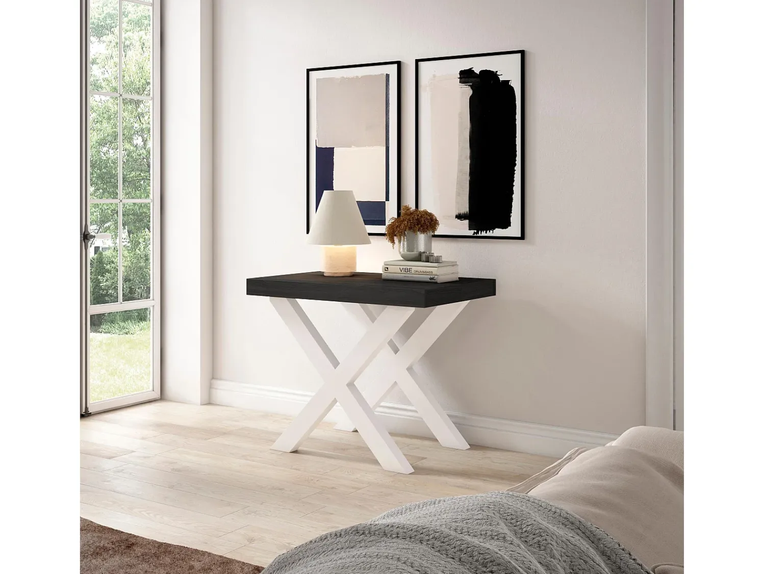 Consola|Skraut Home Mesa Consola Extensível, 222x90x73cm, Para 10 pessoas, Pés de madeira, Preto