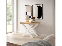 Skraut Home Mesa Consola Extensível, 302x90x73cm, Para 14 pessoas, Pés de madeira, Carvahlo e branco^ Consola