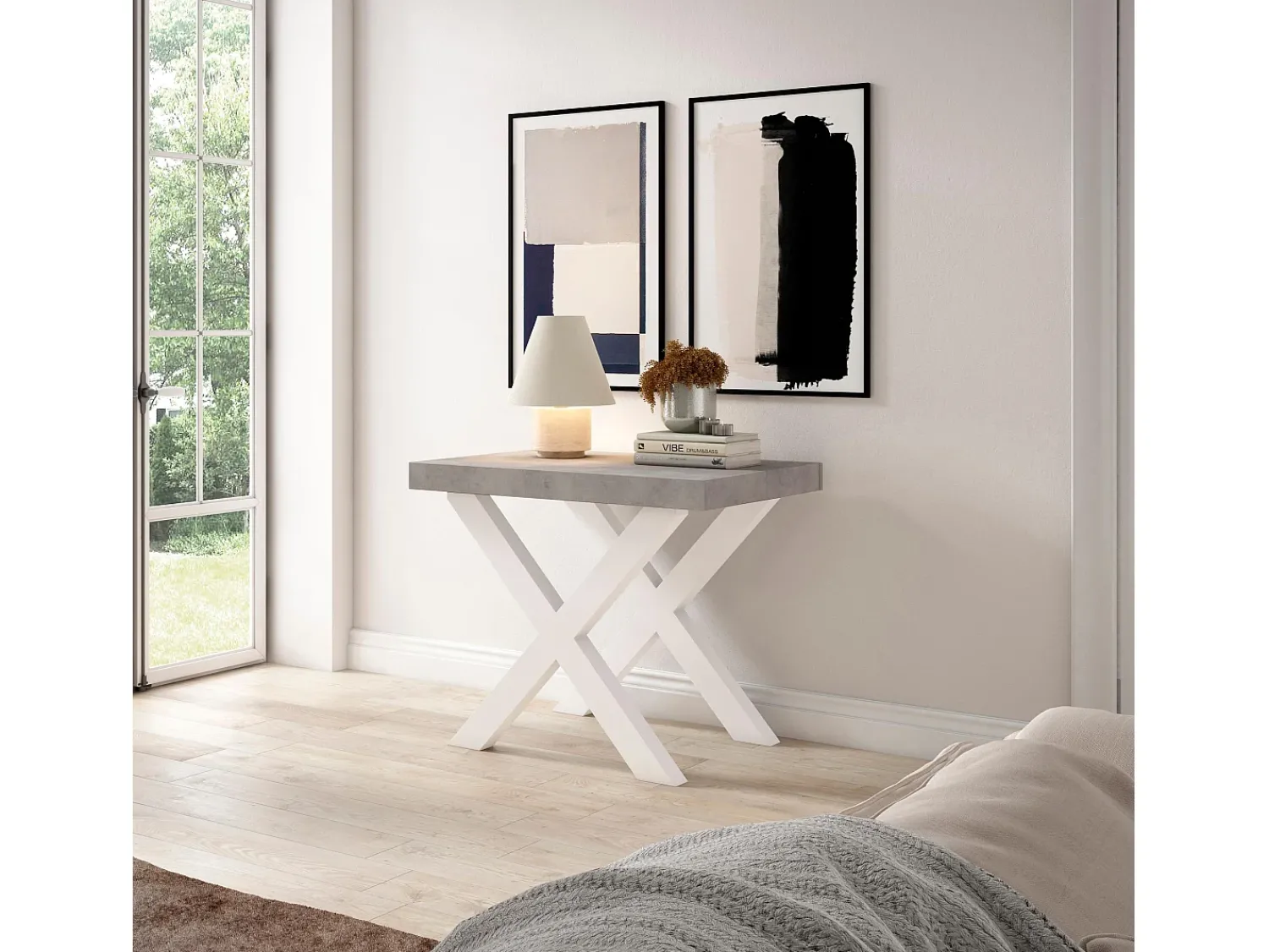 Skraut Home Mesa Consola Extensível, 262x90x73cm, Para 12 pessoas, Pés de madeira, Cimento^ Consola
