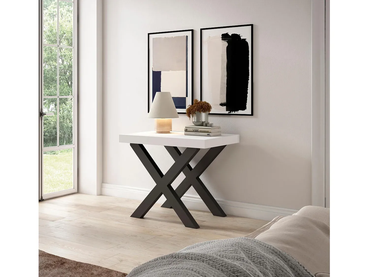 Outlet Skraut Home Mesa Consola Extensível, 302x90x73cm, Para 14 pessoas, Pés de madeira, Branco