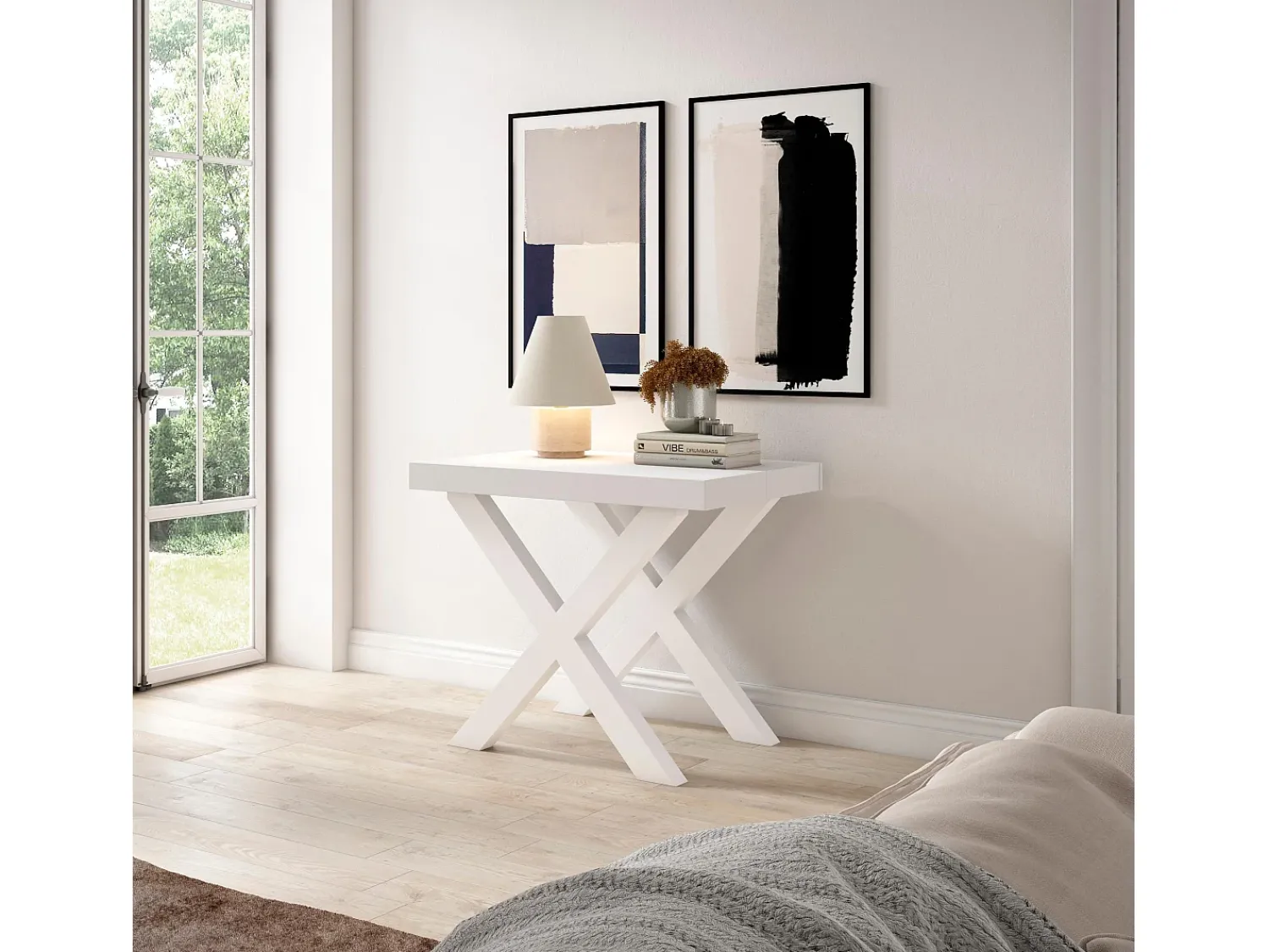 Consola*Skraut Home Mesa Consola Extensível, 222x90x73cm, Para 10 pessoas, Pés de madeira, Branco
