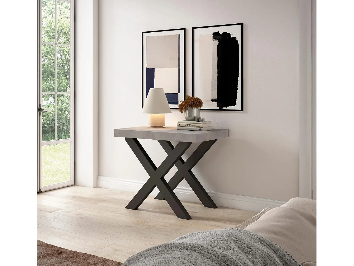 Skraut Home Mesa Consola Extensível, 302x90x73cm, Para 14 pessoas, Pés de madeira, Cimento Cinzento