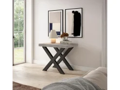 Consola|Skraut Home Mesa Consola Extensível, 302x90x73cm, Para 14 pessoas, Pés de madeira, Cimento Cinzento
