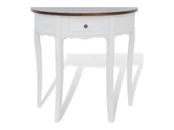 Consola*vidaxl Mesa consola meia-lua com gaveta e tampo castanho Branco