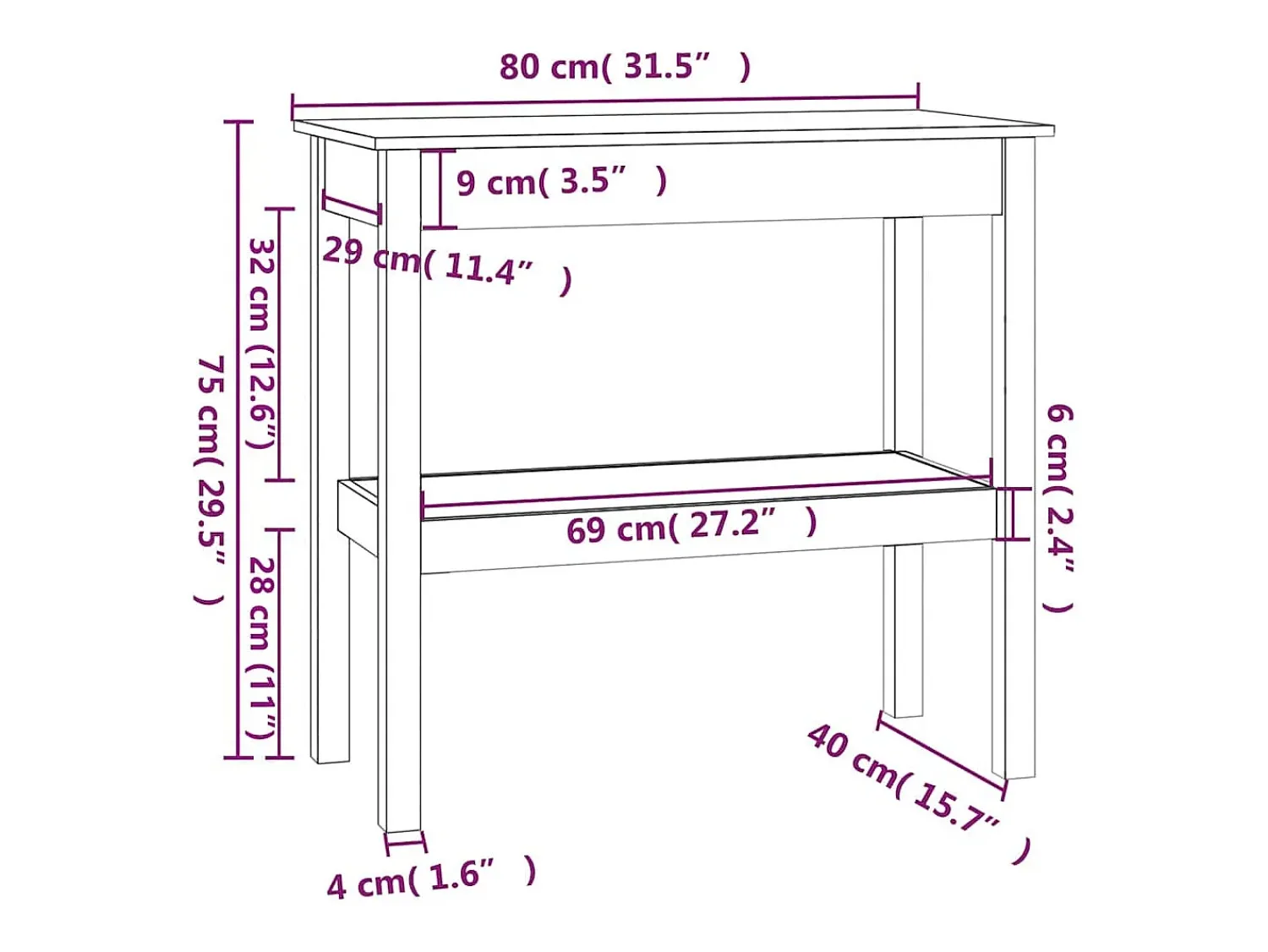 vidaxl Mesa consola 80x40x75 cm madeira de pinho maciça^ Consola