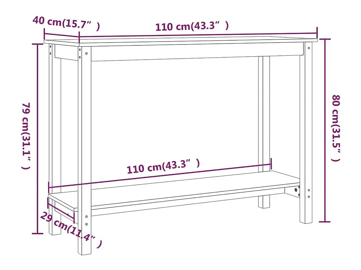 vidaxl Mesa consola 110x40x80 cm madeira de pinho maciço^ Consola