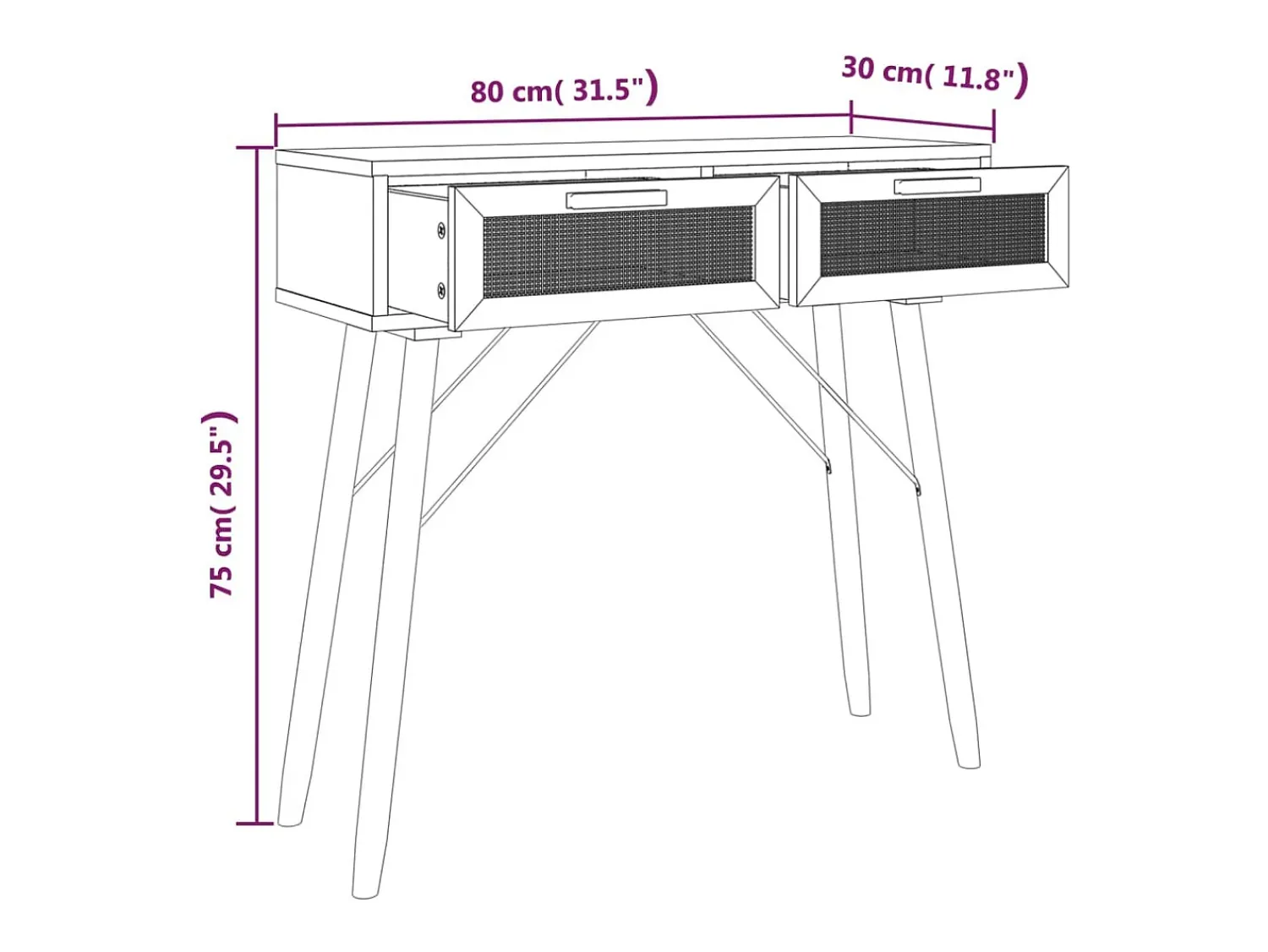 vidaxl Mesa consola 80x30x75 cm pinho maciço e vime natural castanho^ Consola