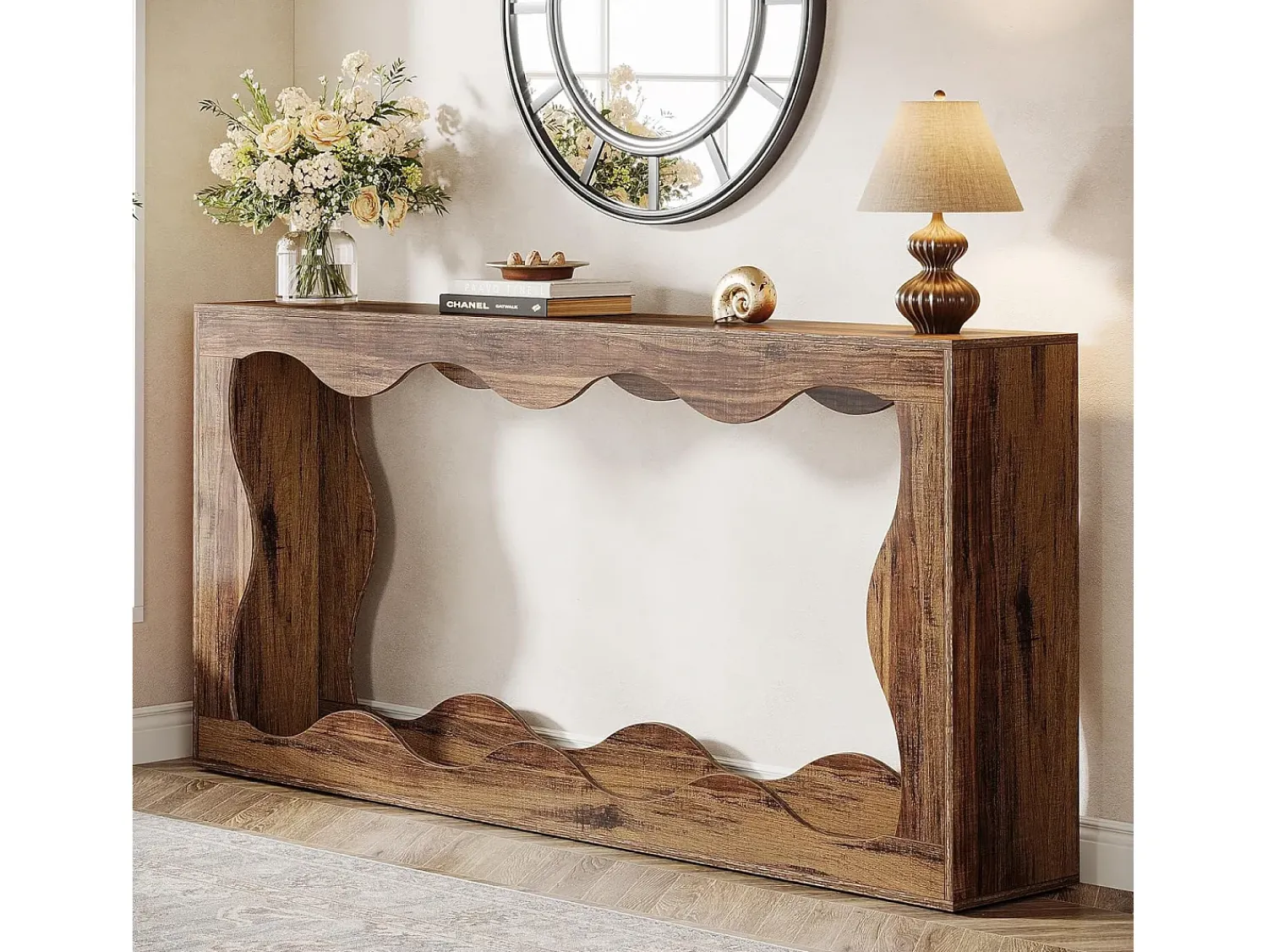Discount Tribesigns Mesa console de madeira de 160 cm com armazenamento, mesa de apoio para sofá atrás do sofá, mesa de entrada longa, mesa console estreita Castanho