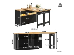 Merax Mesa de bar extensível - 120/180 x 75,8 cm - com LEDs + 3 portas - rotação 360° - MDF - preta^ Móvel De Bar
