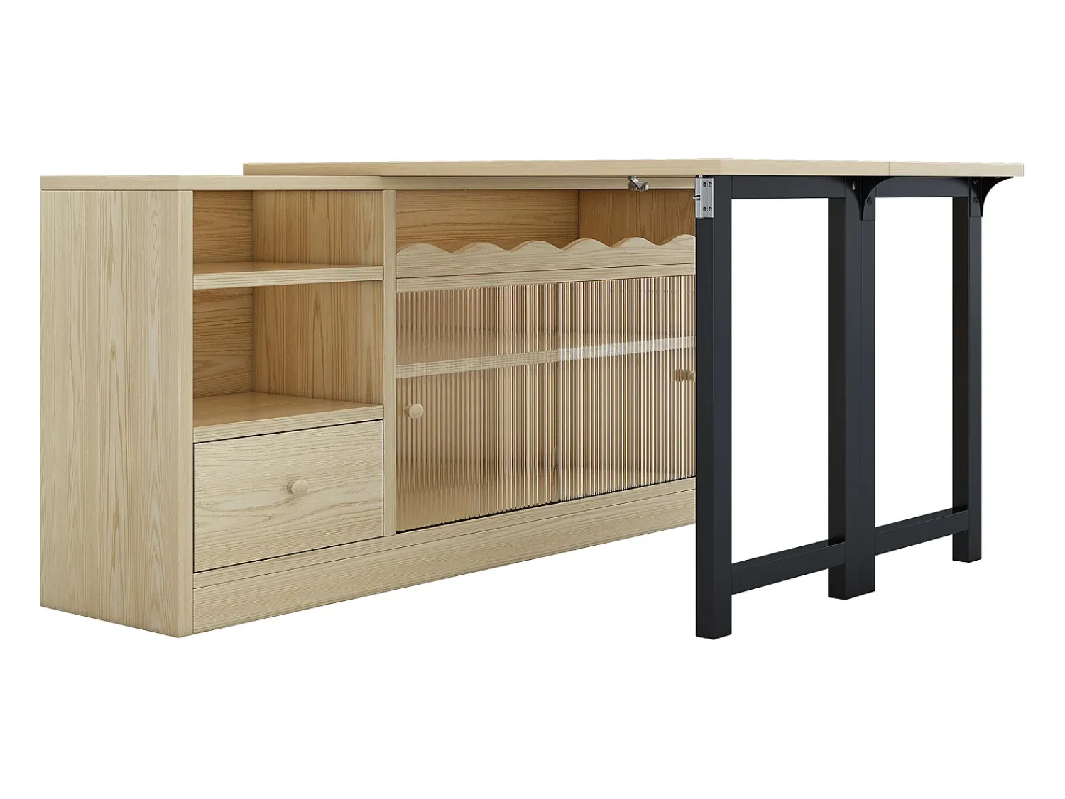 Hauss Spole Mesa de bar extensível e rebatível, mesa de jantar com gaveta e 2 portas de vidro deslizantes, cor natural.^ Móvel De Bar