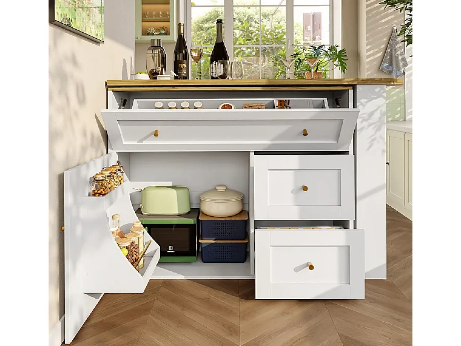 Móvel De Bar*DripeX Mesa de Bar extensível giratória - com 2 portas, 2 gavetas e 3 nichos - MDF - 138/204×39×105cm - Branco