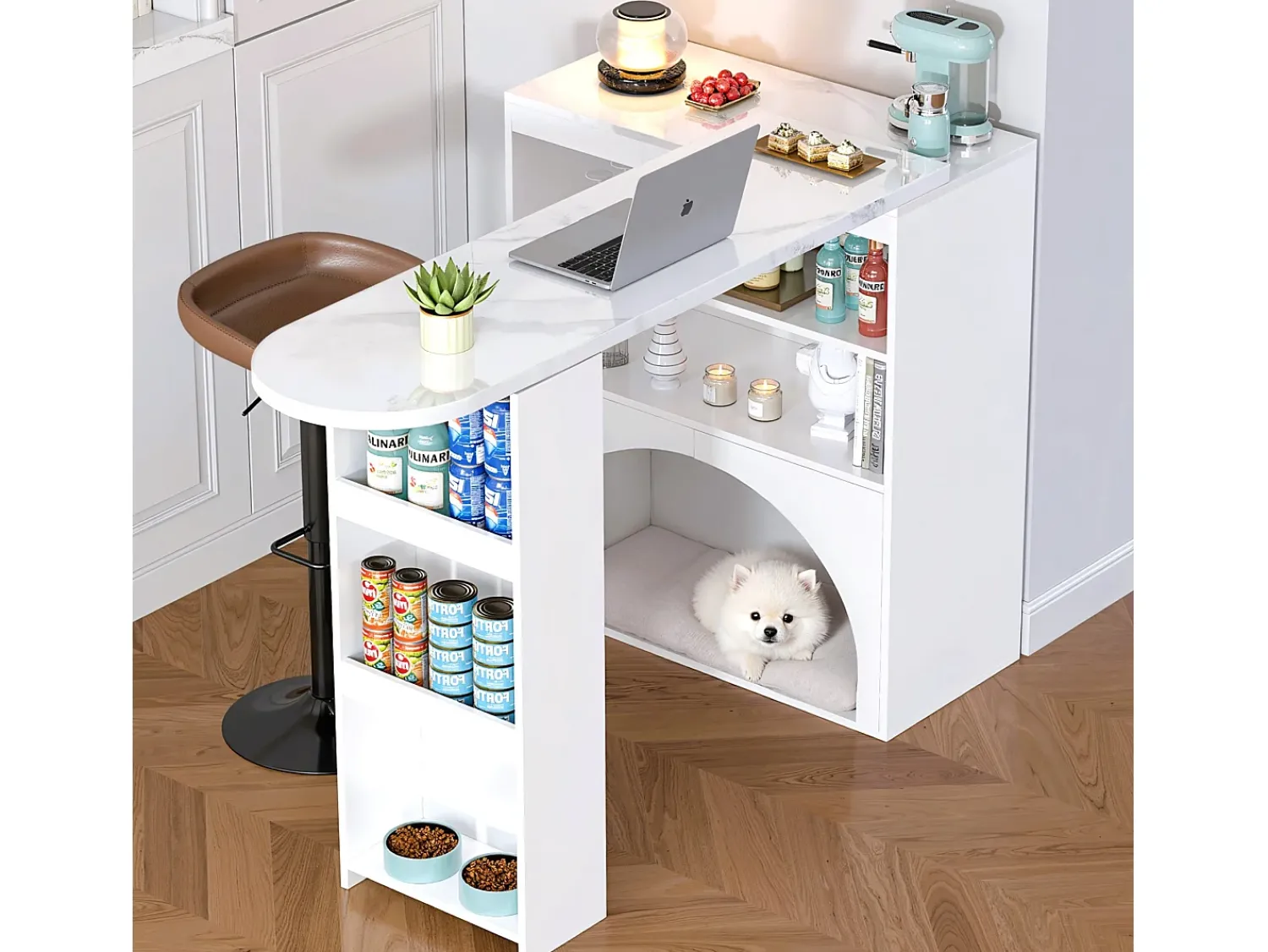 Móvel De Bar*Hauss Spole Mesa de bar giratória com espaço de arrumação e local para animais de estimação - Tampo com efeito mármore - Branco