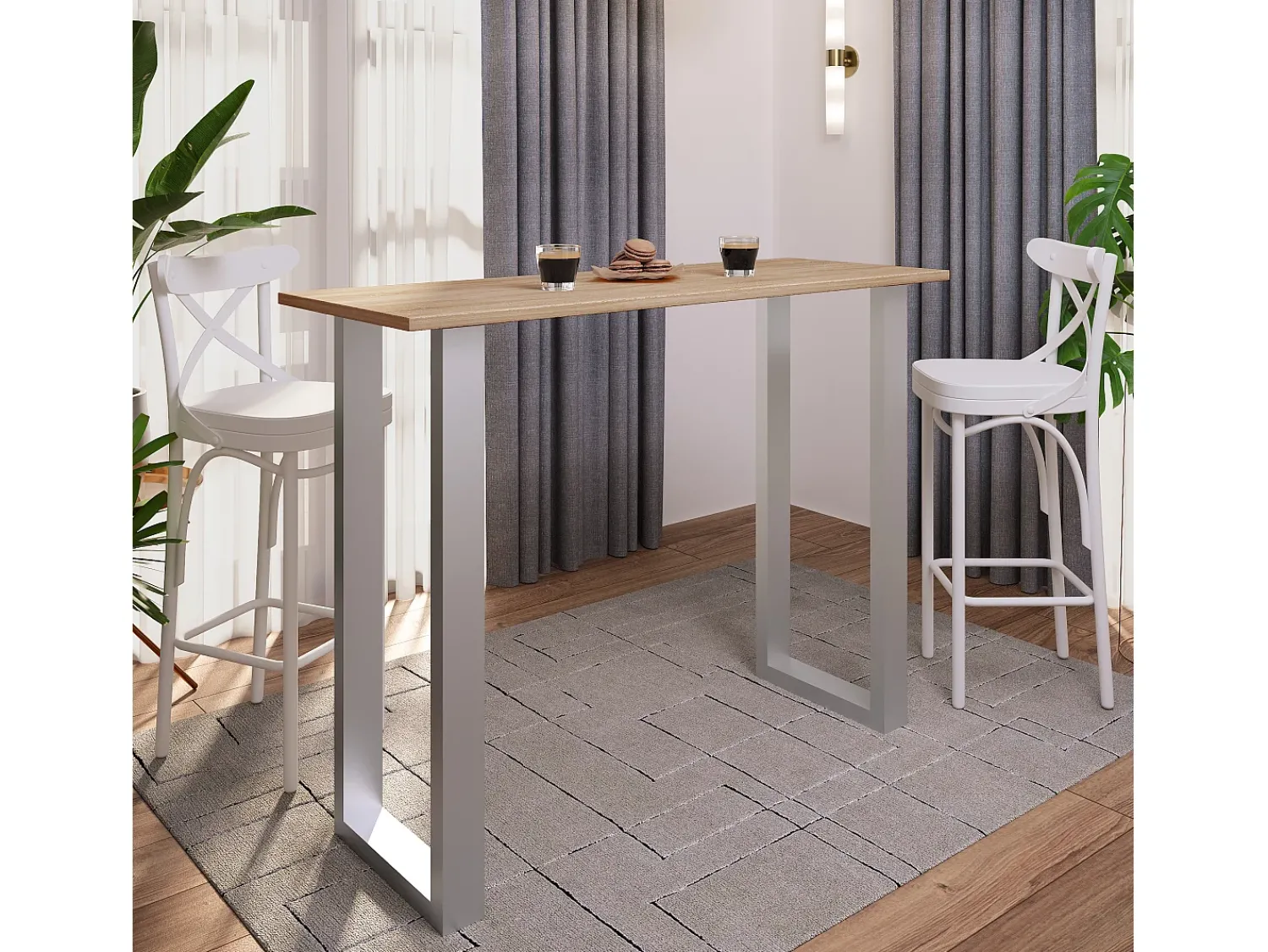 Móvel De Bar|VCM Mesa de bar | Tresen | Mesa em pé | Mesa alta | Mesa de mesa com rolamentos - Xona 140x50 cm (Prata / Sonoma Oak) Multicor