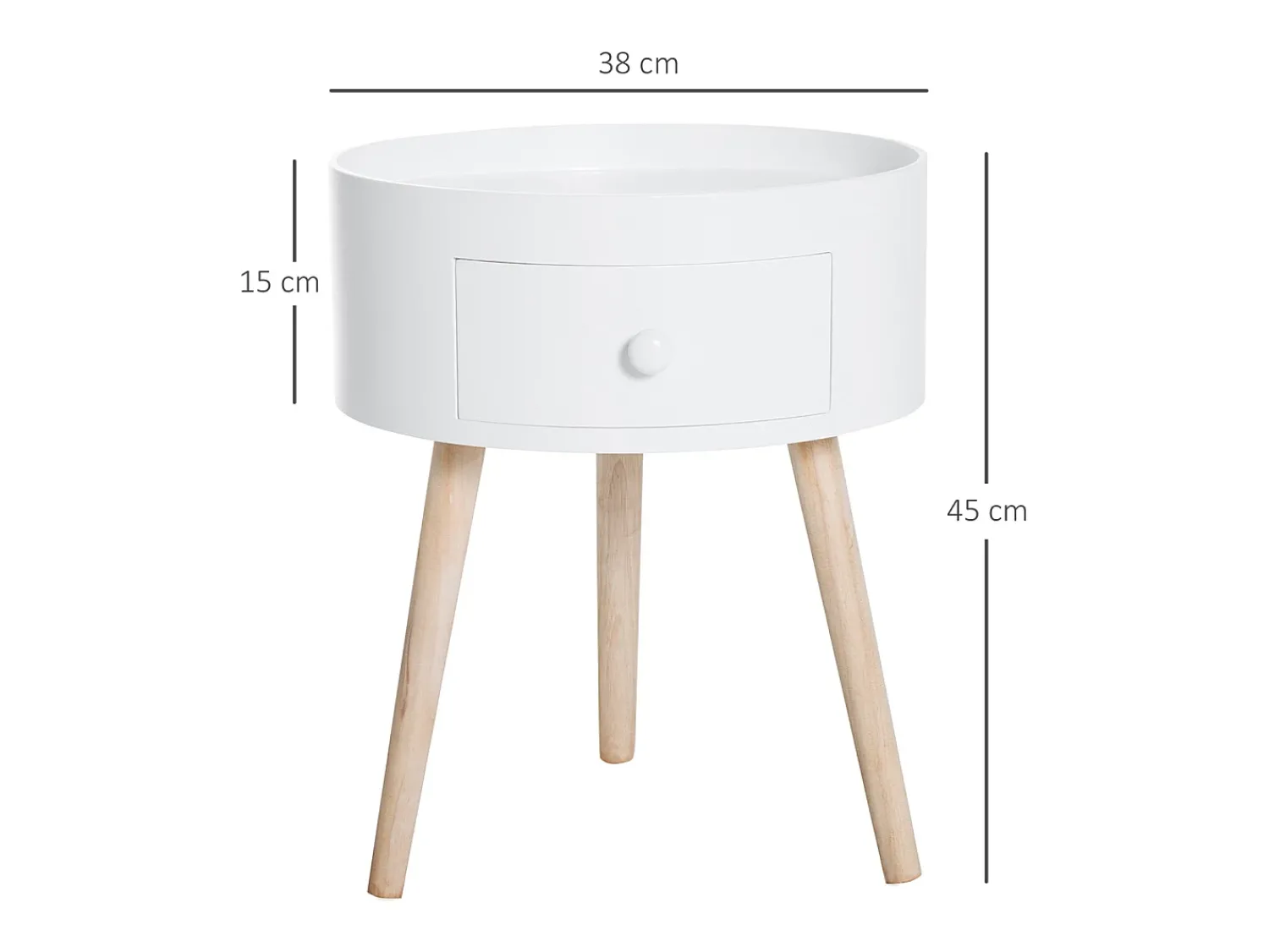 Mesa De Apoio* Mesa de cabeceira, mesa lateral com tampo elevado e pés de madeira, φ38 x 45 cm, MDF+Madeira Branco
