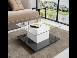 Mesa De Centro*DripeX Mesa de café quadrada giratória - com LEDs ajustáveis ​​e rodízios de freio - Painel de vidro e partículas - branco e - 80x80x40cm Preto