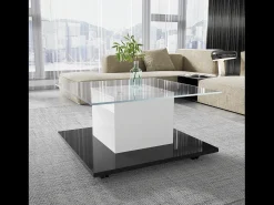 Mesa De Centro*DripeX Mesa de café quadrada giratória - com LEDs ajustáveis ​​e rodízios de freio - Painel de vidro e partículas - branco e - 80x80x40cm Preto