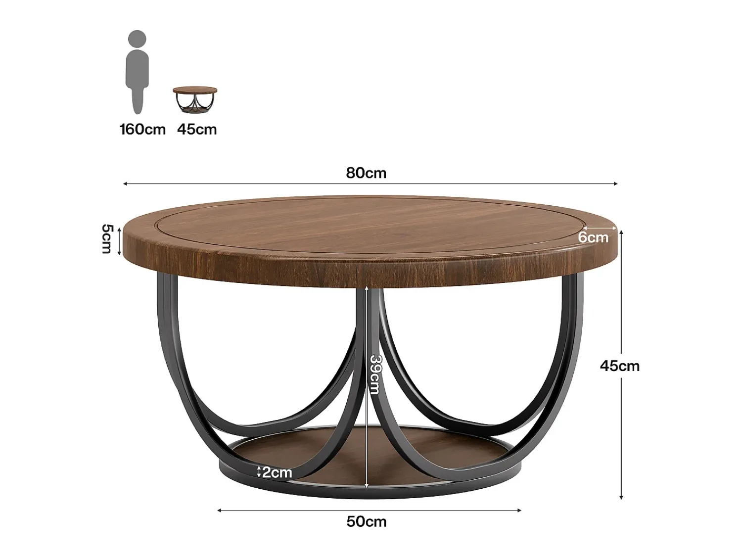 Mesa De Centro|Tribesigns Mesa de Café Redonda com 2 Andares, Mesa de Cocktail de Acento Circular de 80Cm com Prateleira de Armazenamento Castanho chocolate