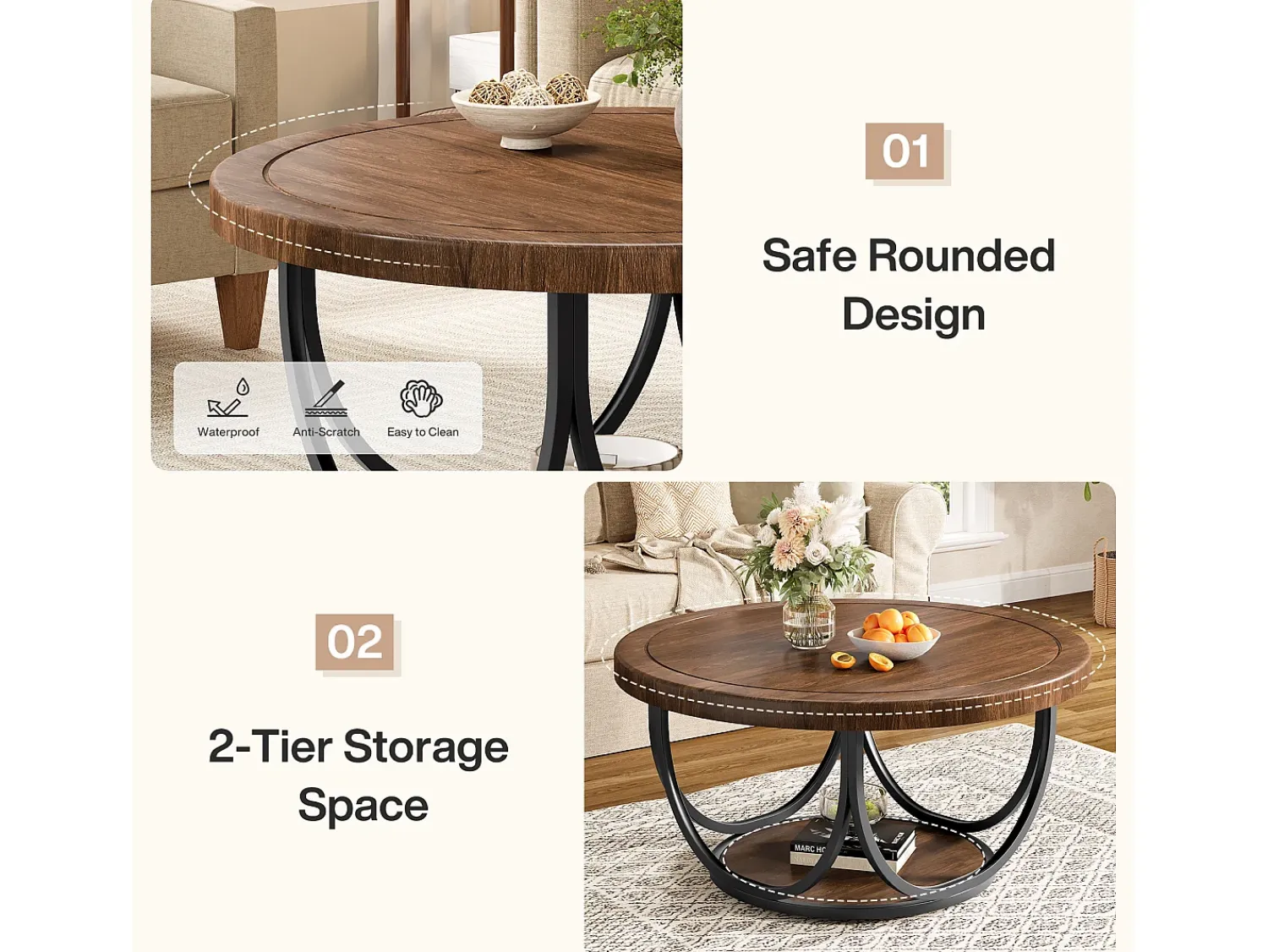 Mesa De Centro|Tribesigns Mesa de Café Redonda com 2 Andares, Mesa de Cocktail de Acento Circular de 80Cm com Prateleira de Armazenamento Castanho chocolate