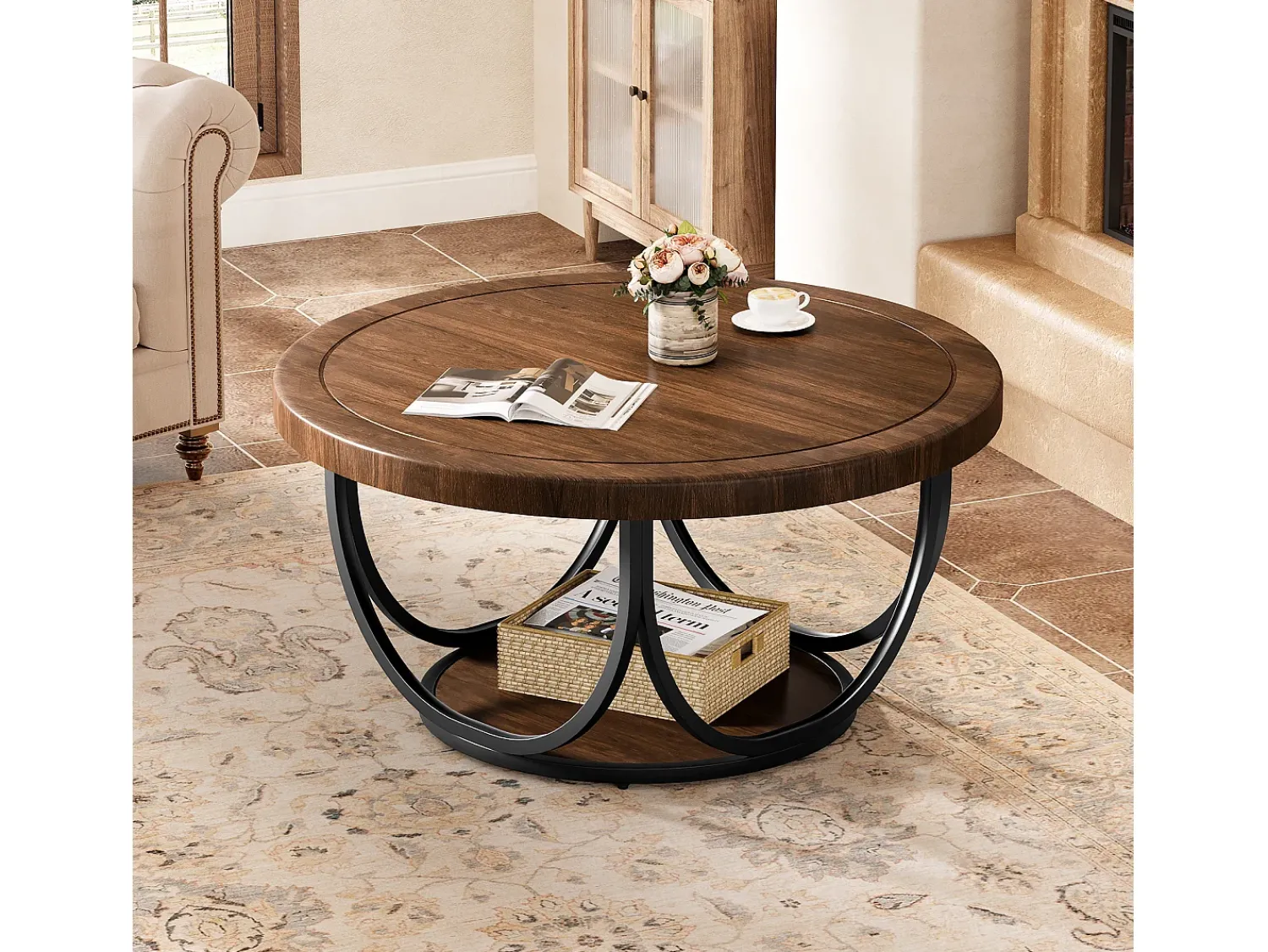 Mesa De Centro|Tribesigns Mesa de Café Redonda com 2 Andares, Mesa de Cocktail de Acento Circular de 80Cm com Prateleira de Armazenamento Castanho chocolate