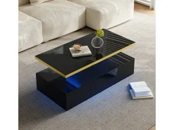 Online DripeX Mesa de café retangular com 1 gaveta e LED, 2 níveis de armazenamento, 100x50x39cm, Preto
