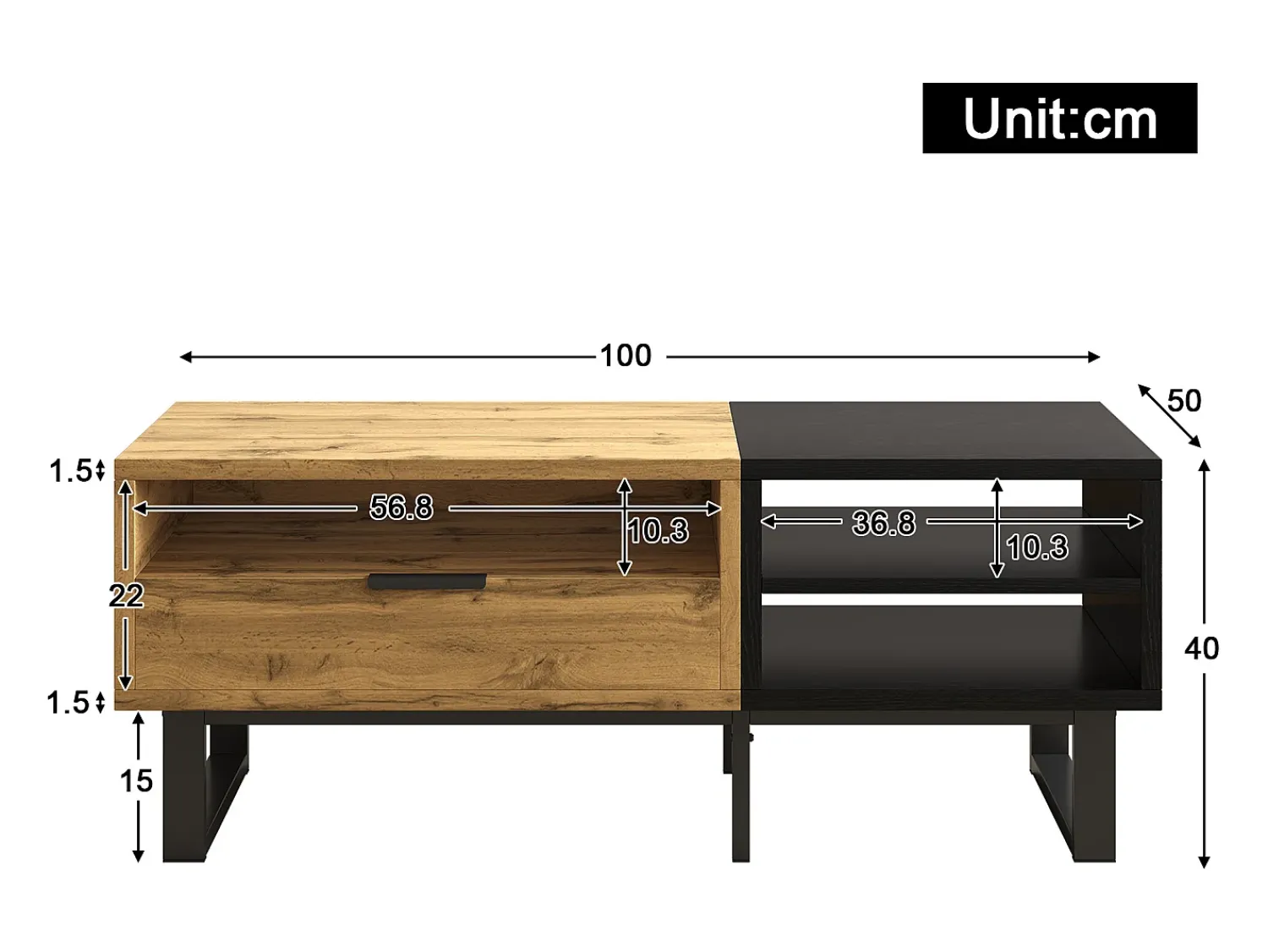 Mesa De Centro*ModernLuxe Mesa de centro - 1 gaveta e 2 compartimentos - Natural & Preto Preto / Natural claro