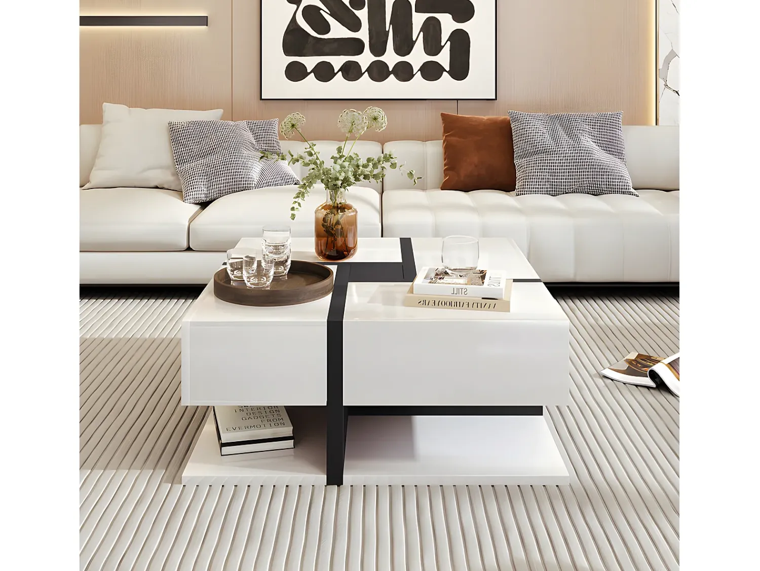 Mesa De Centro|ModernLuxe Mesa de centro - 4 gavetas - espaço de arrumação na parte inferior - 78x78x36cm - Branco e Preto Preto / Branco