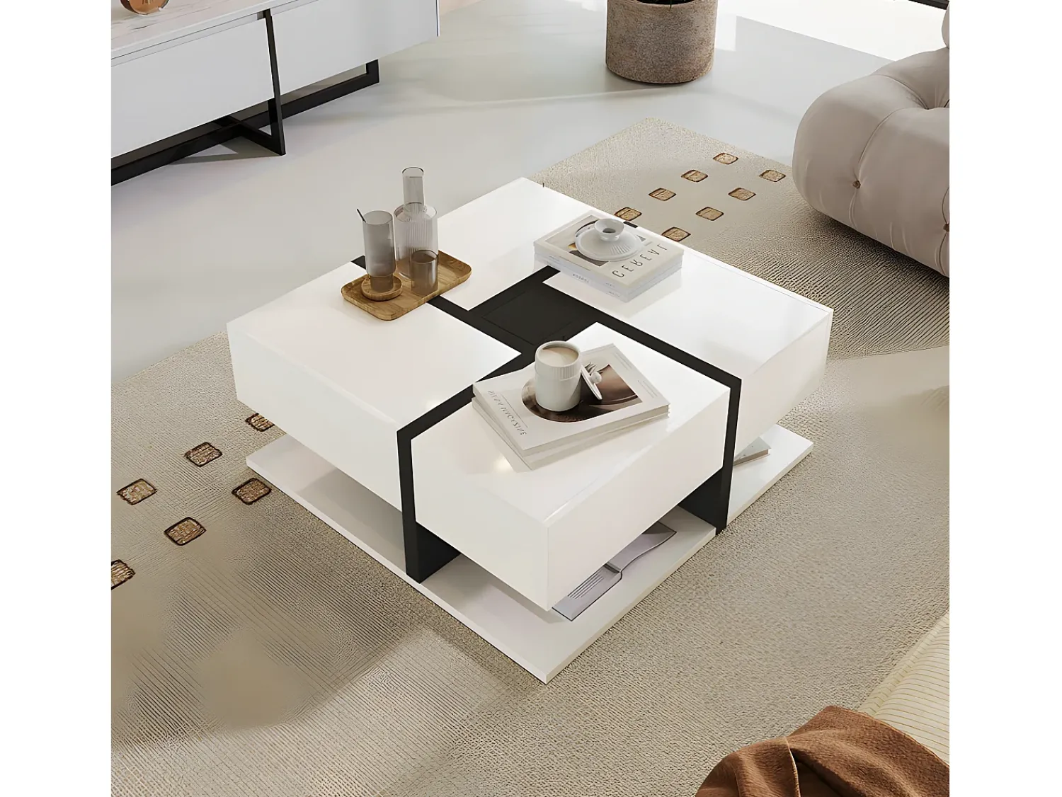 Mesa De Centro|ModernLuxe Mesa de centro - 4 gavetas - espaço de arrumação na parte inferior - 78x78x36cm - Branco e Preto Preto / Branco