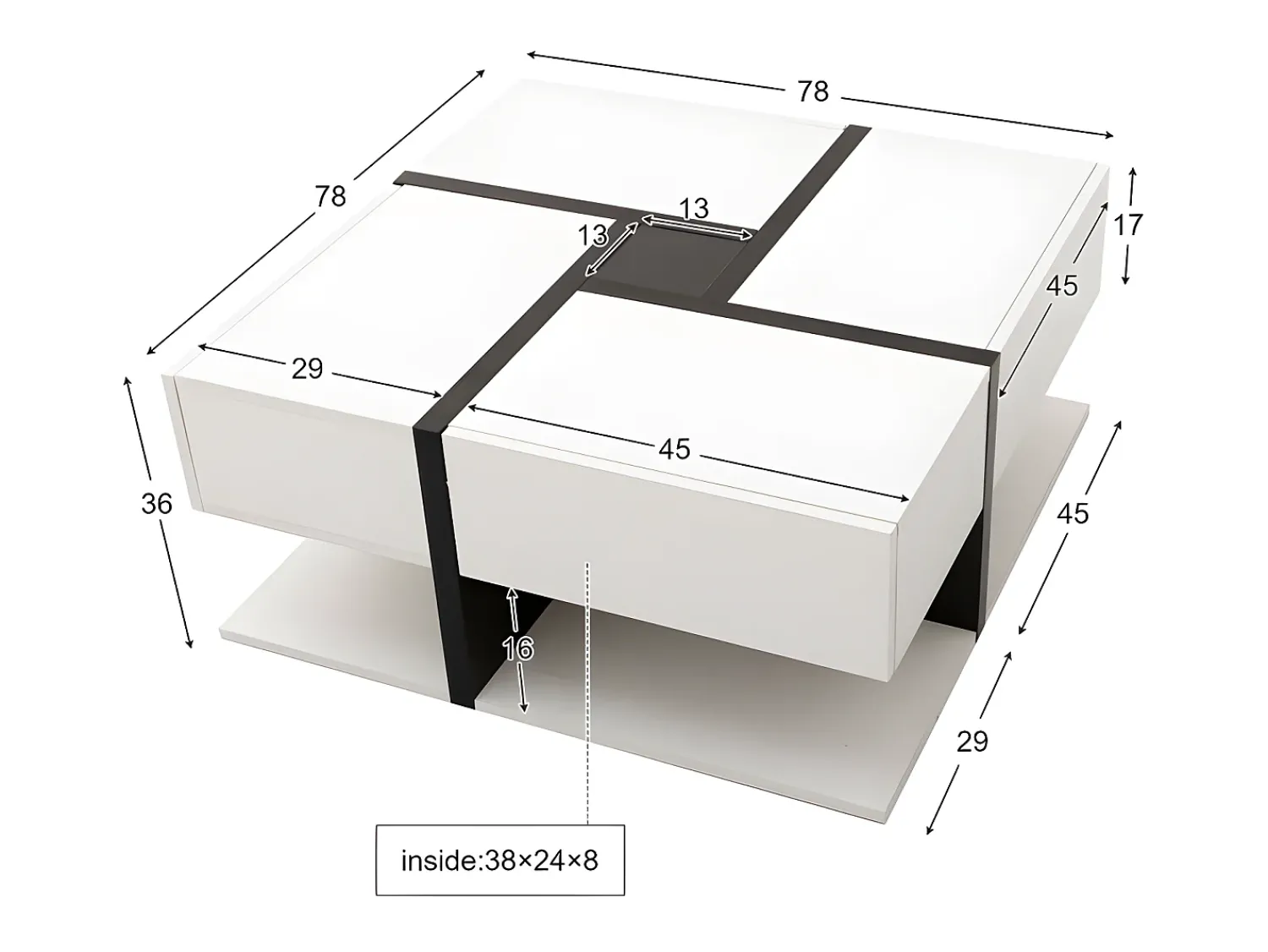 Mesa De Centro|ModernLuxe Mesa de centro - 4 gavetas - espaço de arrumação na parte inferior - 78x78x36cm - Branco e Preto Preto / Branco