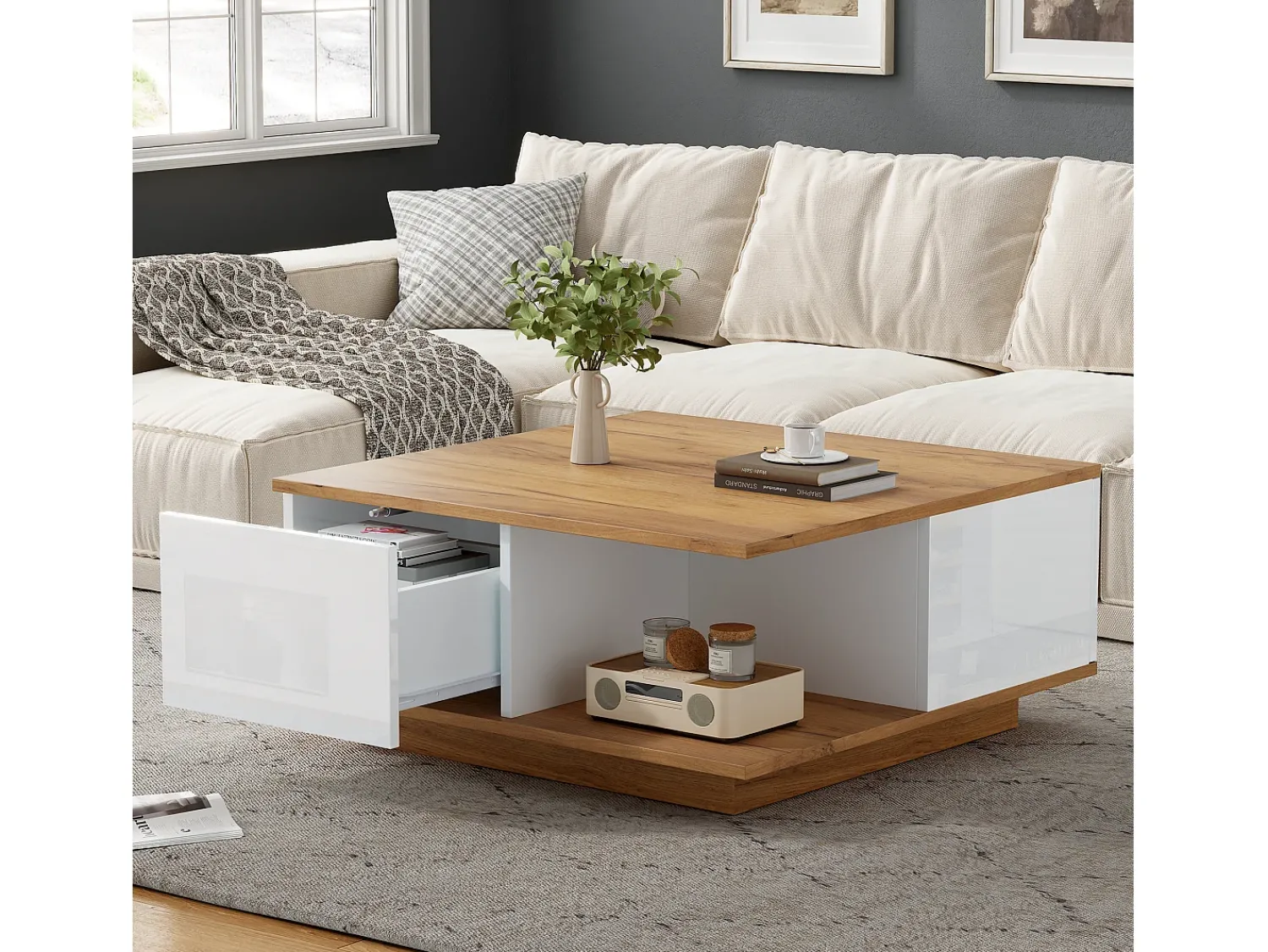 ModernLuxe Mesa de centro 70×70×31,5 cm - com 3 gavetas - tampo quadrado - painel de partículas - branco + natural^ Mesa De Centro