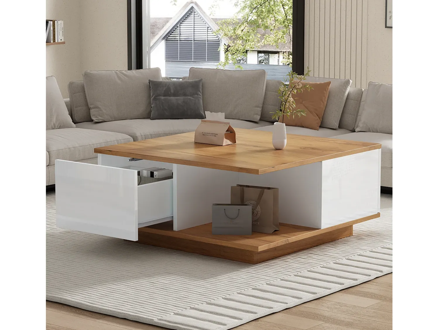 ModernLuxe Mesa de centro 70×70×31,5 cm - com 3 gavetas - tampo quadrado - painel de partículas - branco + natural^ Mesa De Centro