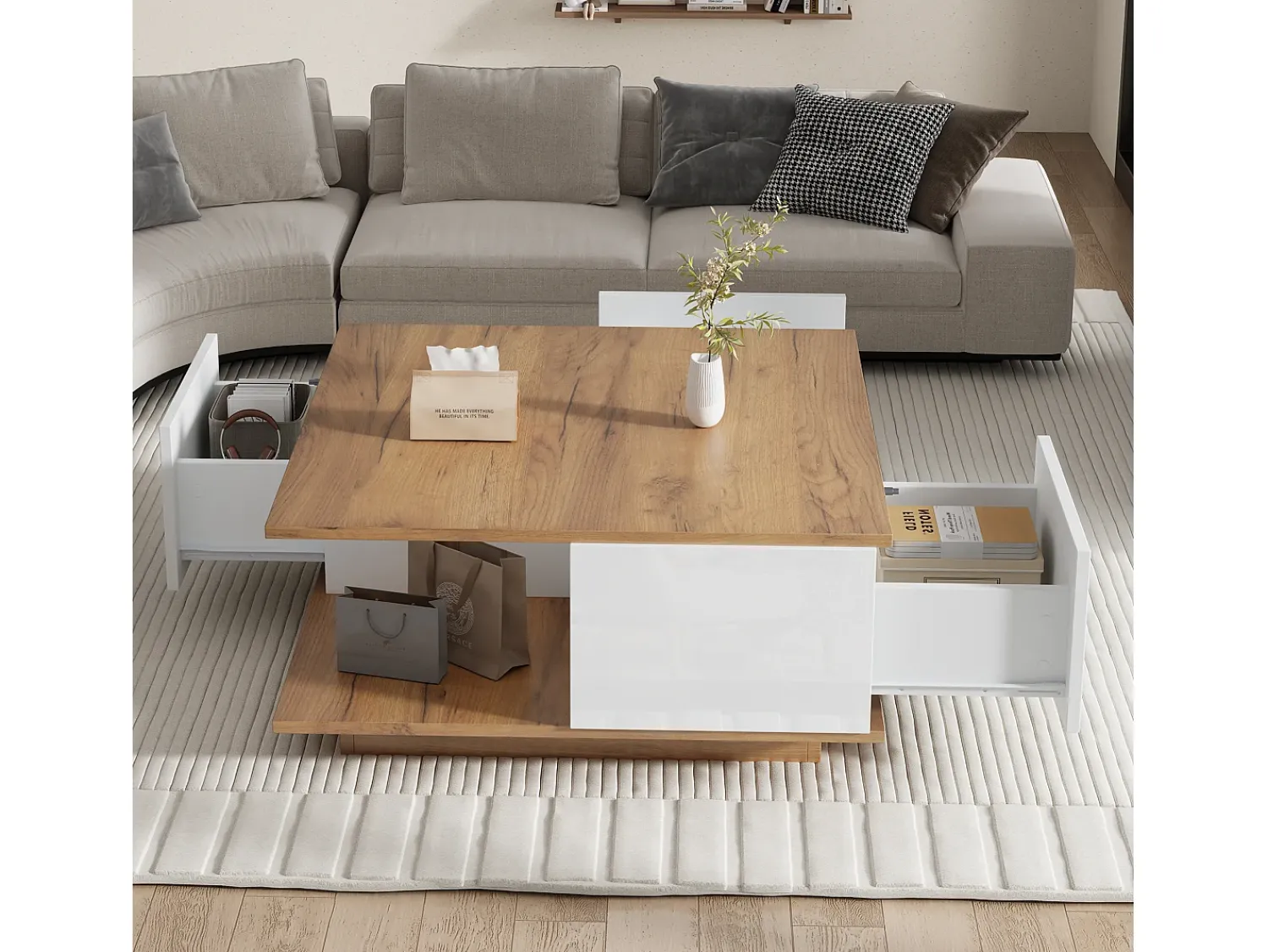 ModernLuxe Mesa de centro 70×70×31,5 cm - com 3 gavetas - tampo quadrado - painel de partículas - branco + natural^ Mesa De Centro